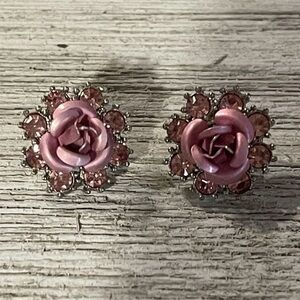 Pink Floral Stud Earrings w/ Bling Costume Jewelry